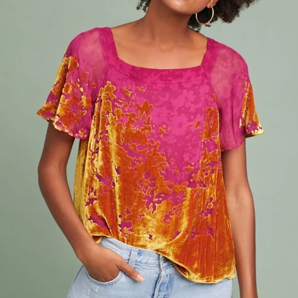 MAEVE by Anthropologie Women’s Pink & Gold Velvet Ombre Shimmer Top Blouse Small